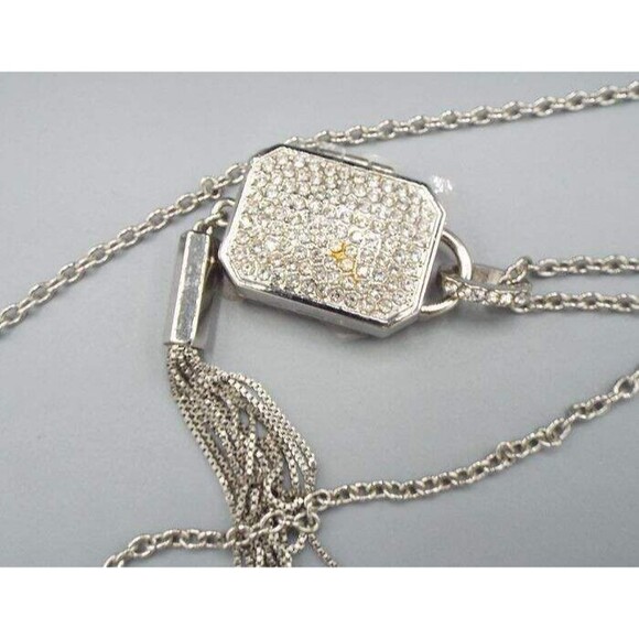 Chico's Silvertone Miracles Locket Crystal Jeweled Long 32" Rolo Chain Necklace - Picture 10 of 13